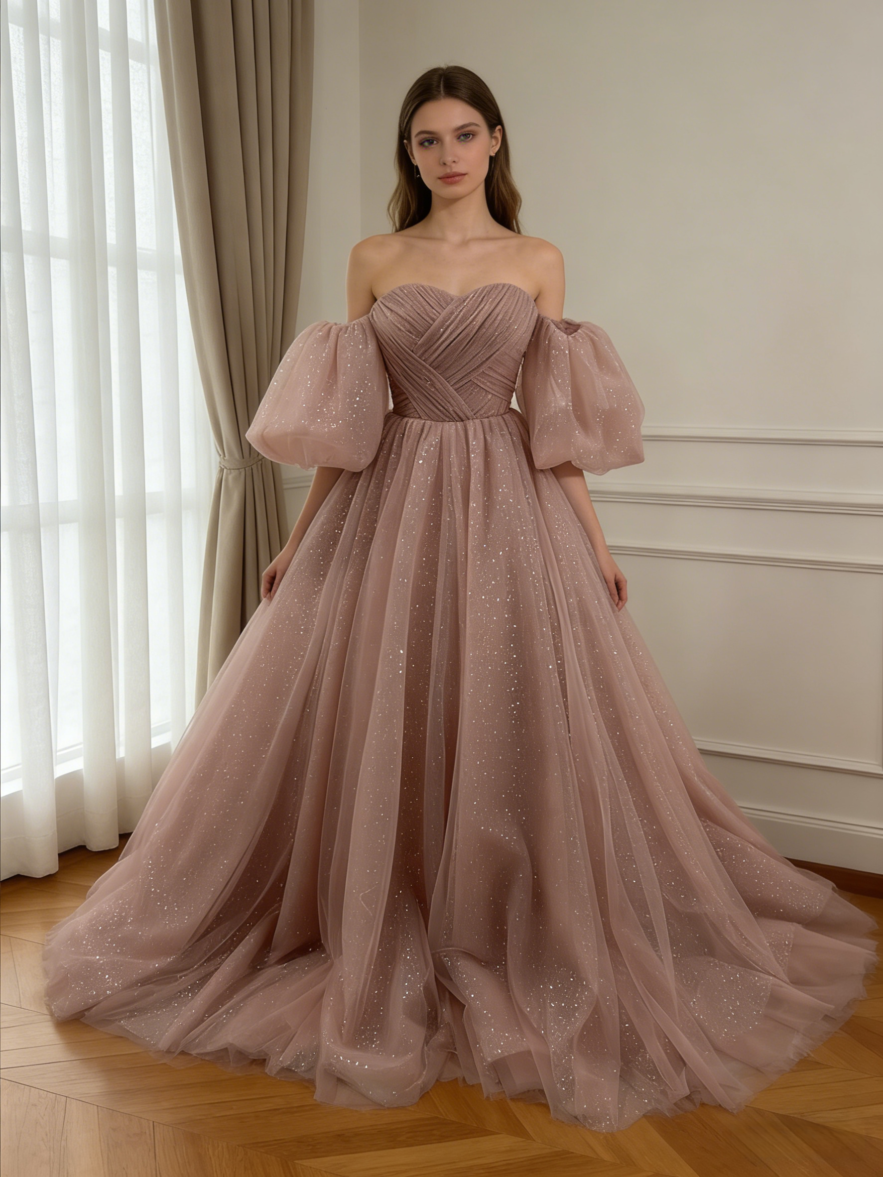 カラードレス ローズピンク ベアトップ パフスリーブ キラキラチュール ロングトレーン 編み上げ 花嫁