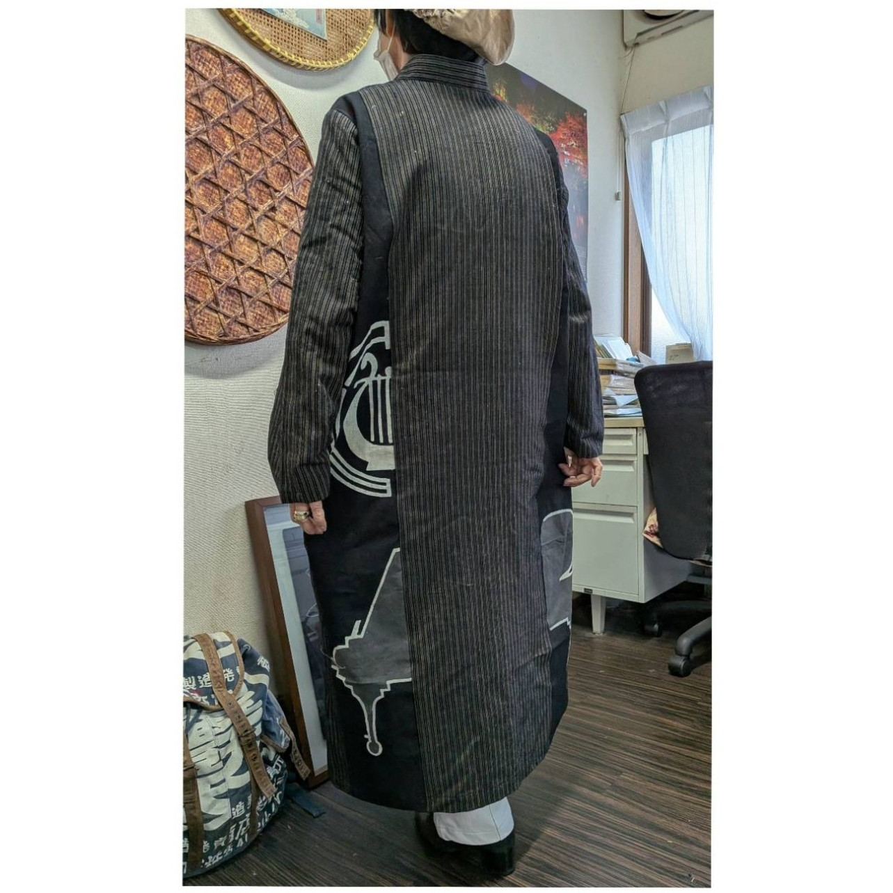 縞絣と半纏からの前開きワンピースコート　　　古布リメイク