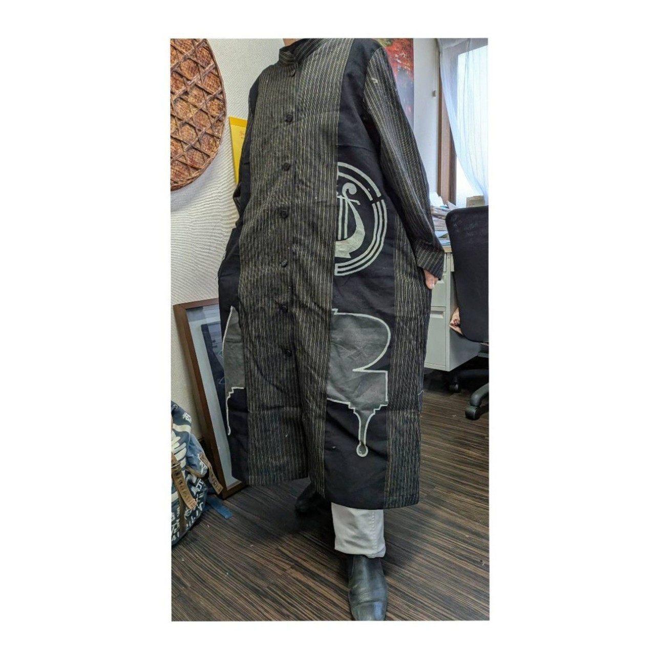 縞絣と半纏からの前開きワンピースコート　　　古布リメイク