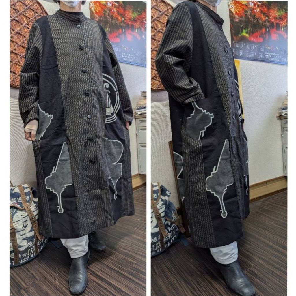 縞絣と半纏からの前開きワンピースコート　　　古布リメイク
