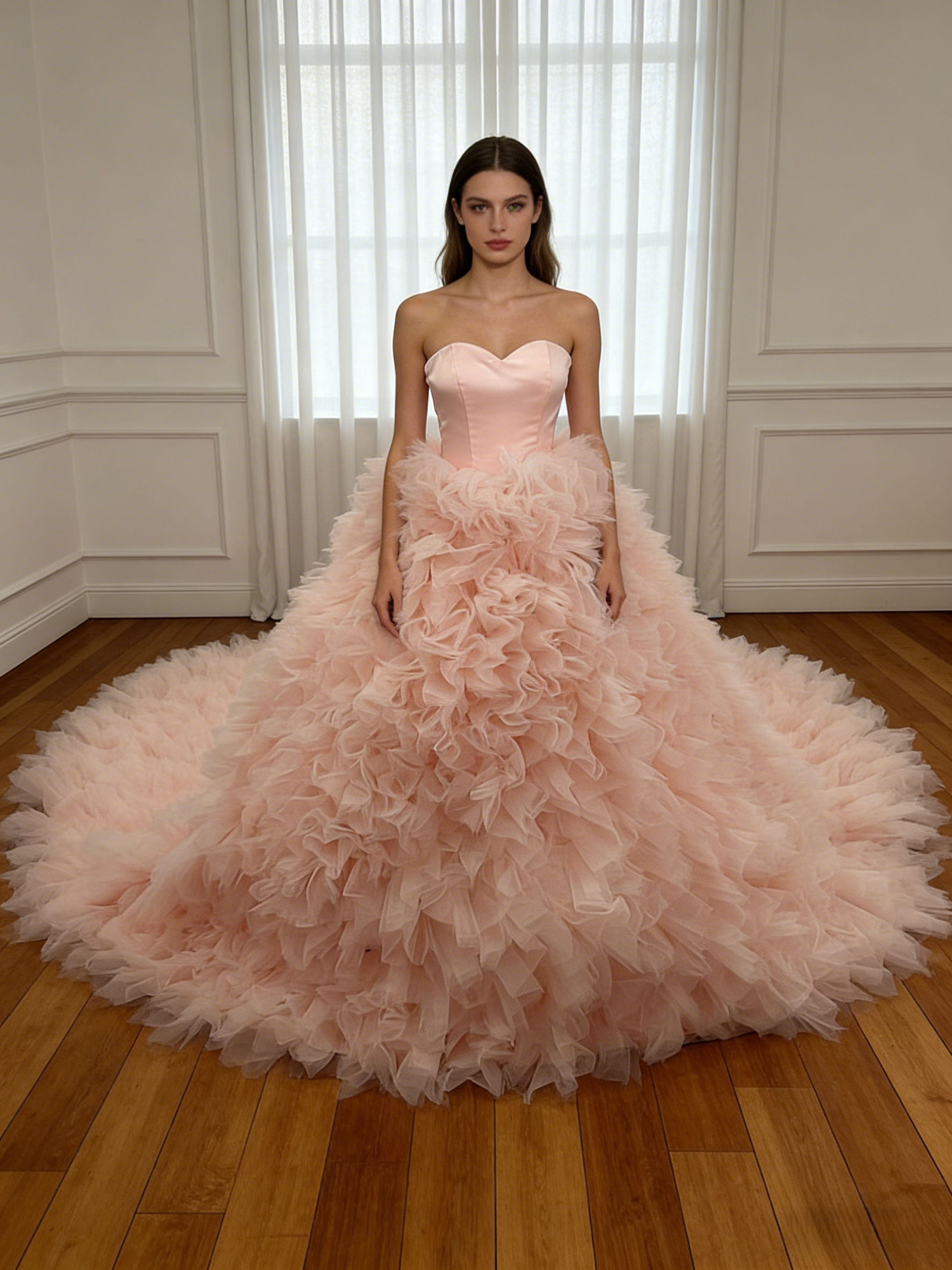 豪華！カラードレス ピンク ベアトップ ラッフルフリル 可愛い 編み上げ ボリュームドレス 前撮り