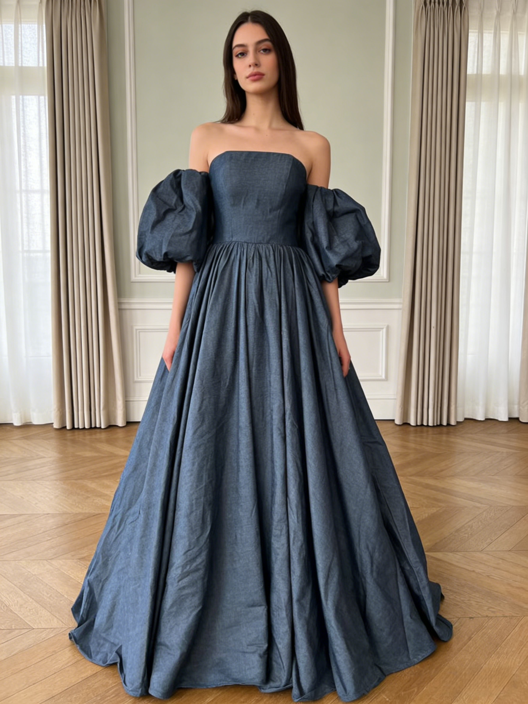 高品質！デニムドレス ブルーグレー カラードレス パフスリーブ ベアトップ Aライン 披露宴/二次会