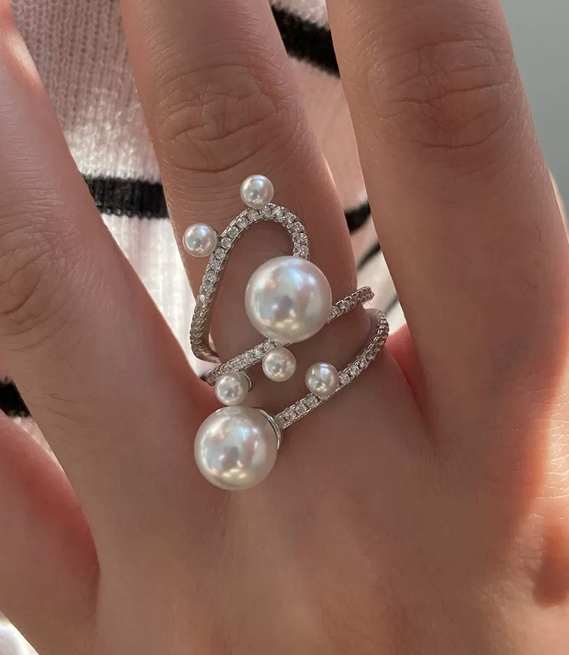 【S925】8mm オーストラリアンホワイト調パール スターライン フリーサイズリング