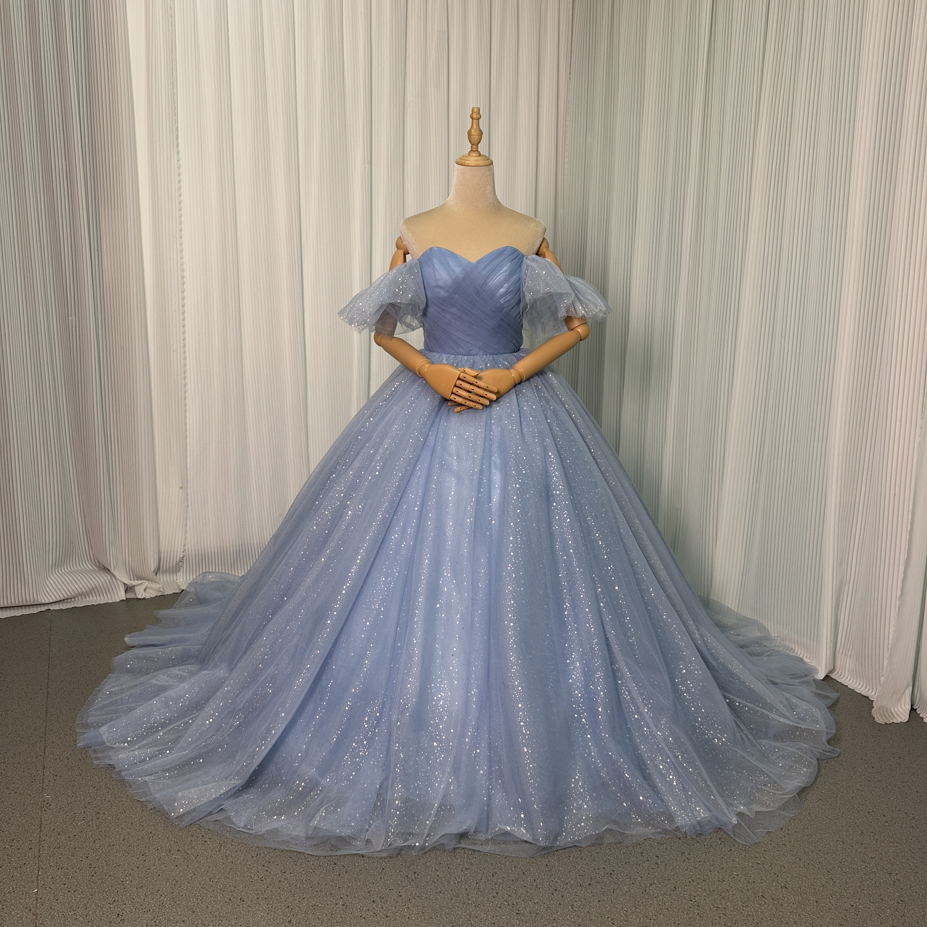 送料無料！カラードレス ブルー  オフショルダー ビスチェドレス キラキラグリッターチュール 結婚式/披露宴