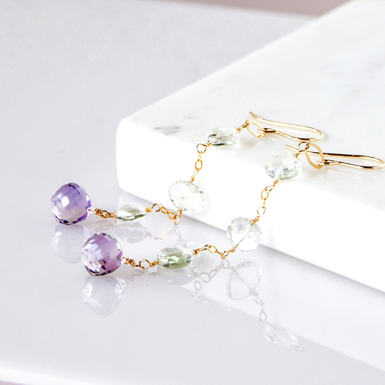 玻璃（はり）の雫 ― Prasiolite & Pink Amethyst　ステーション　ピアス　14kgf