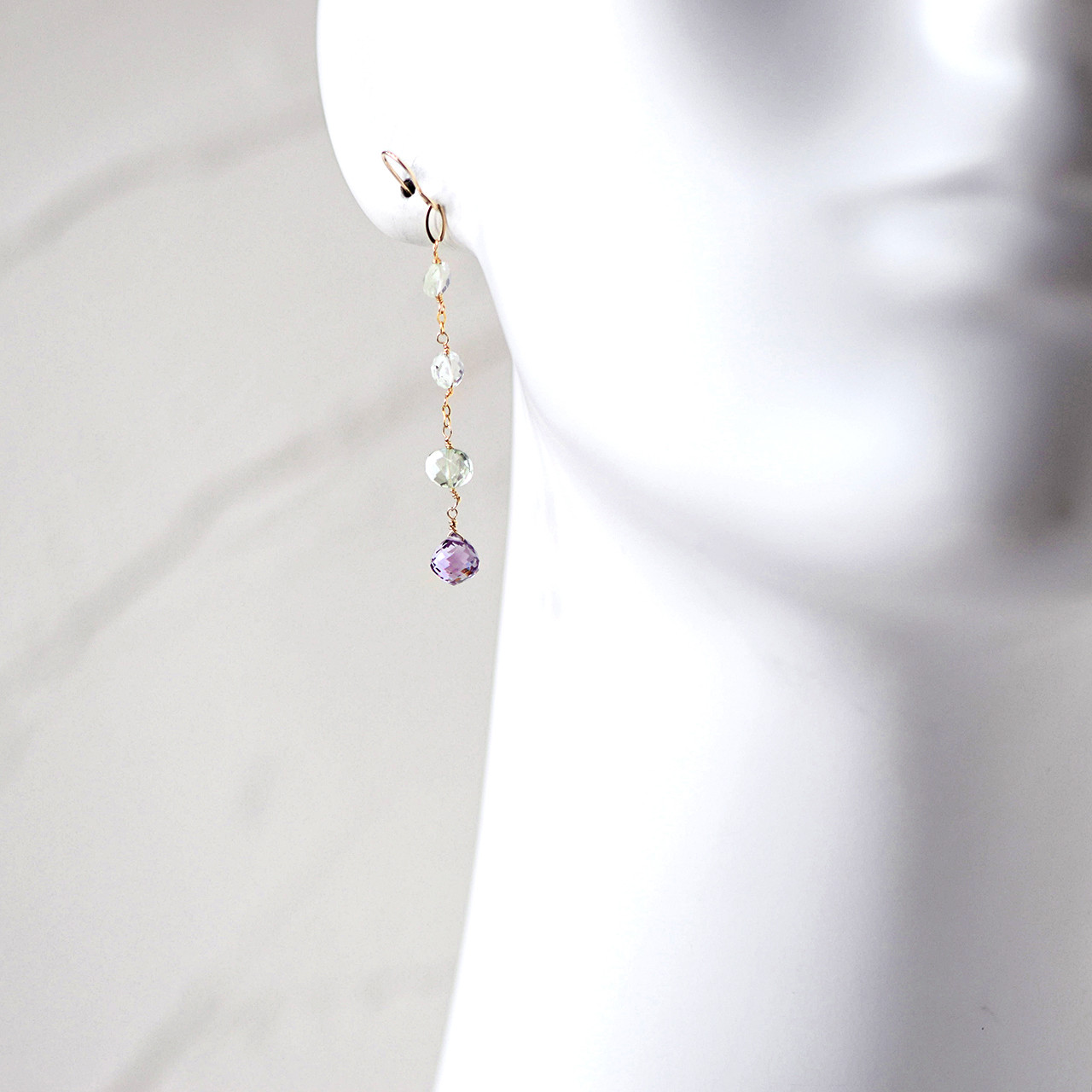 玻璃（はり）の雫 ― Prasiolite & Pink Amethyst　ステーション　ピアス　14kgf｜詳細画像