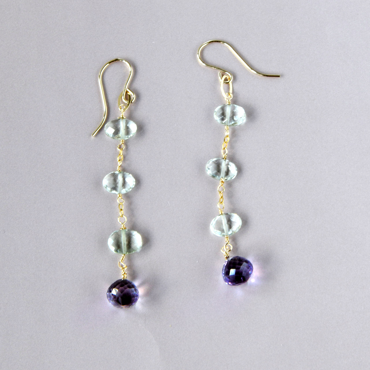 玻璃（はり）の雫 ― Prasiolite & Pink Amethyst　ステーション　ピアス　14kgf｜詳細画像