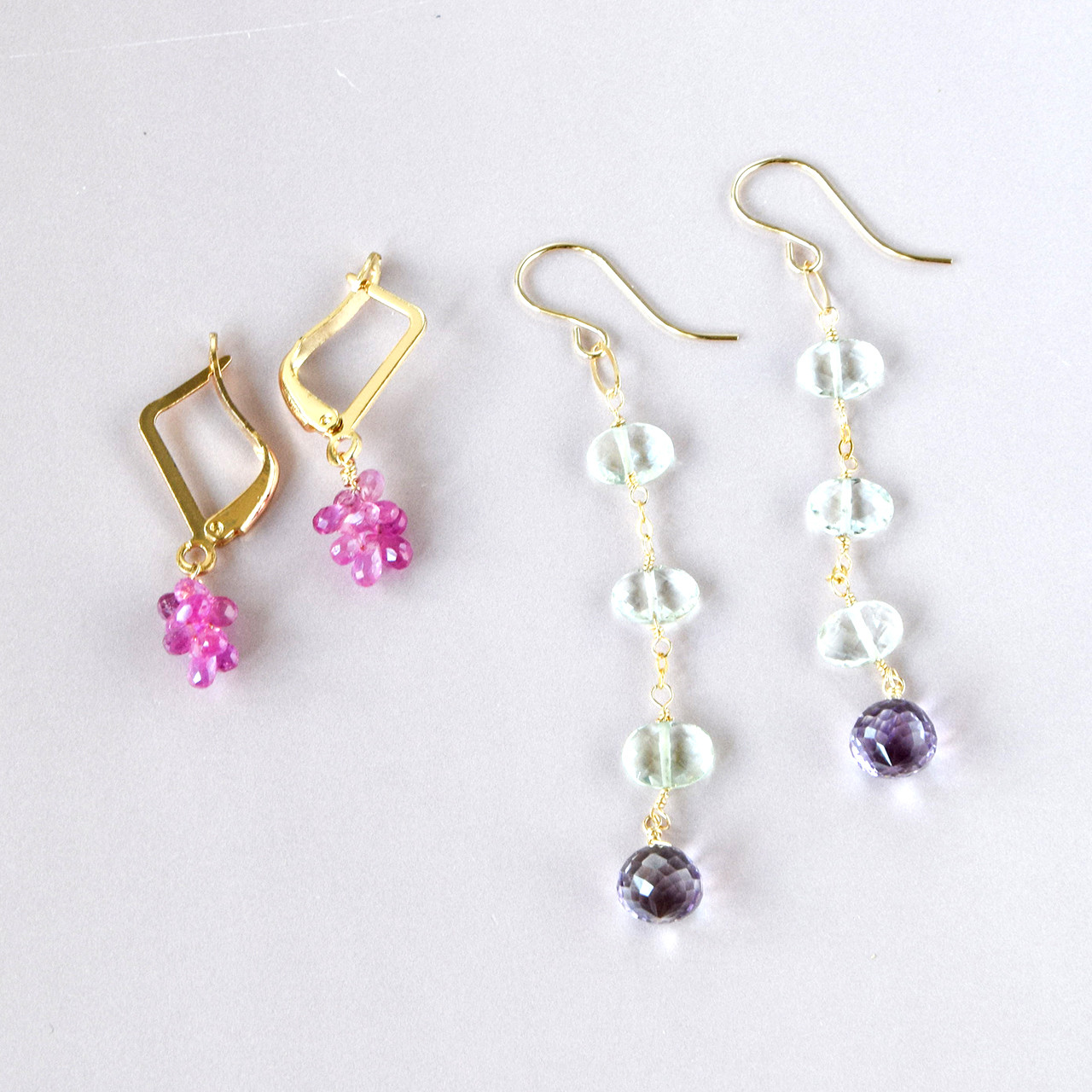 玻璃（はり）の雫 ― Prasiolite & Pink Amethyst　ステーション　ピアス　14kgf｜詳細画像