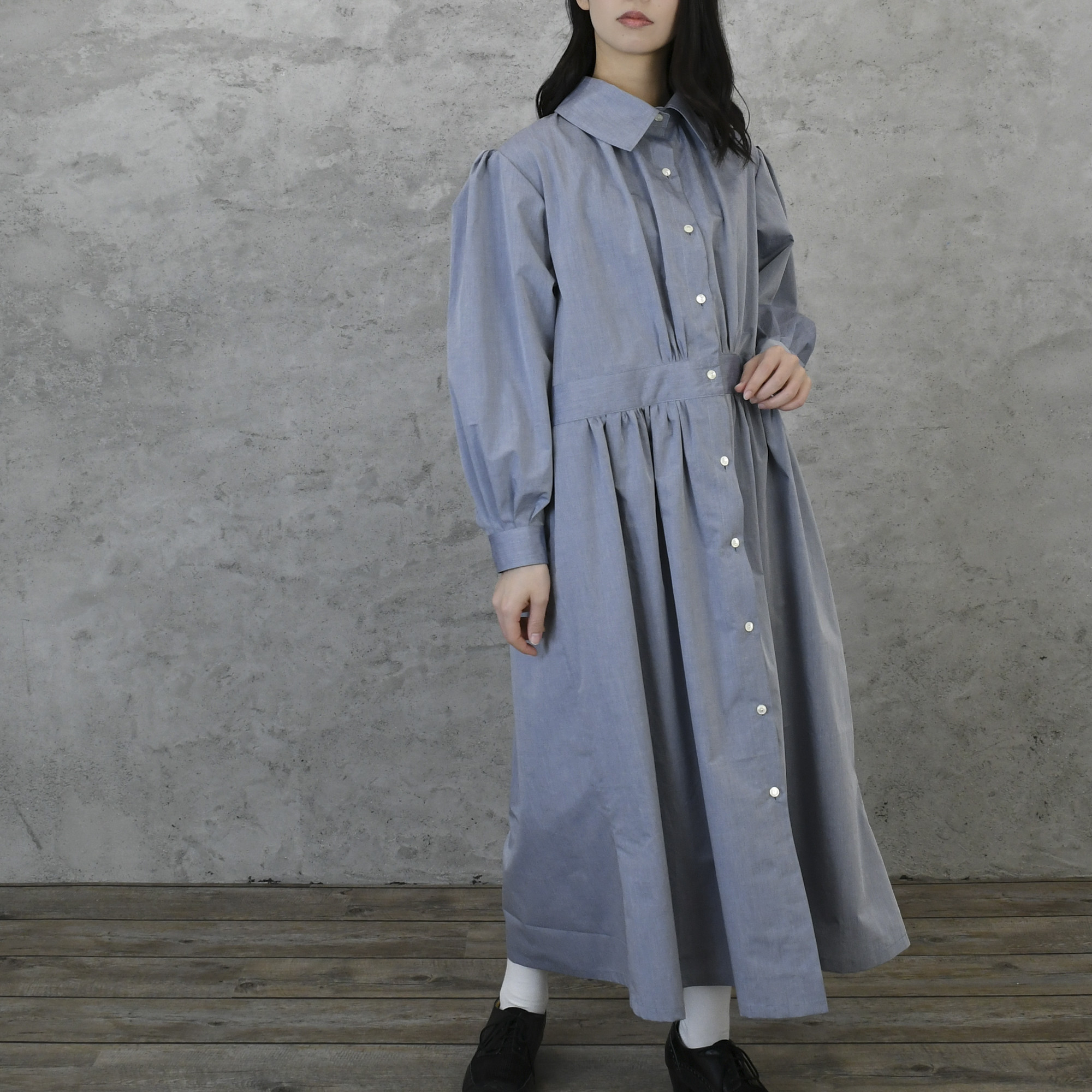 送料無料【完全一点物】ゴージーギャザーワンピース（アイスブルー）