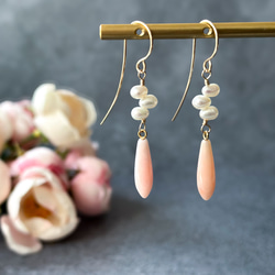 14kgf*淡水パールの3連チェーンピアス／イヤリング*天然石 ピアス