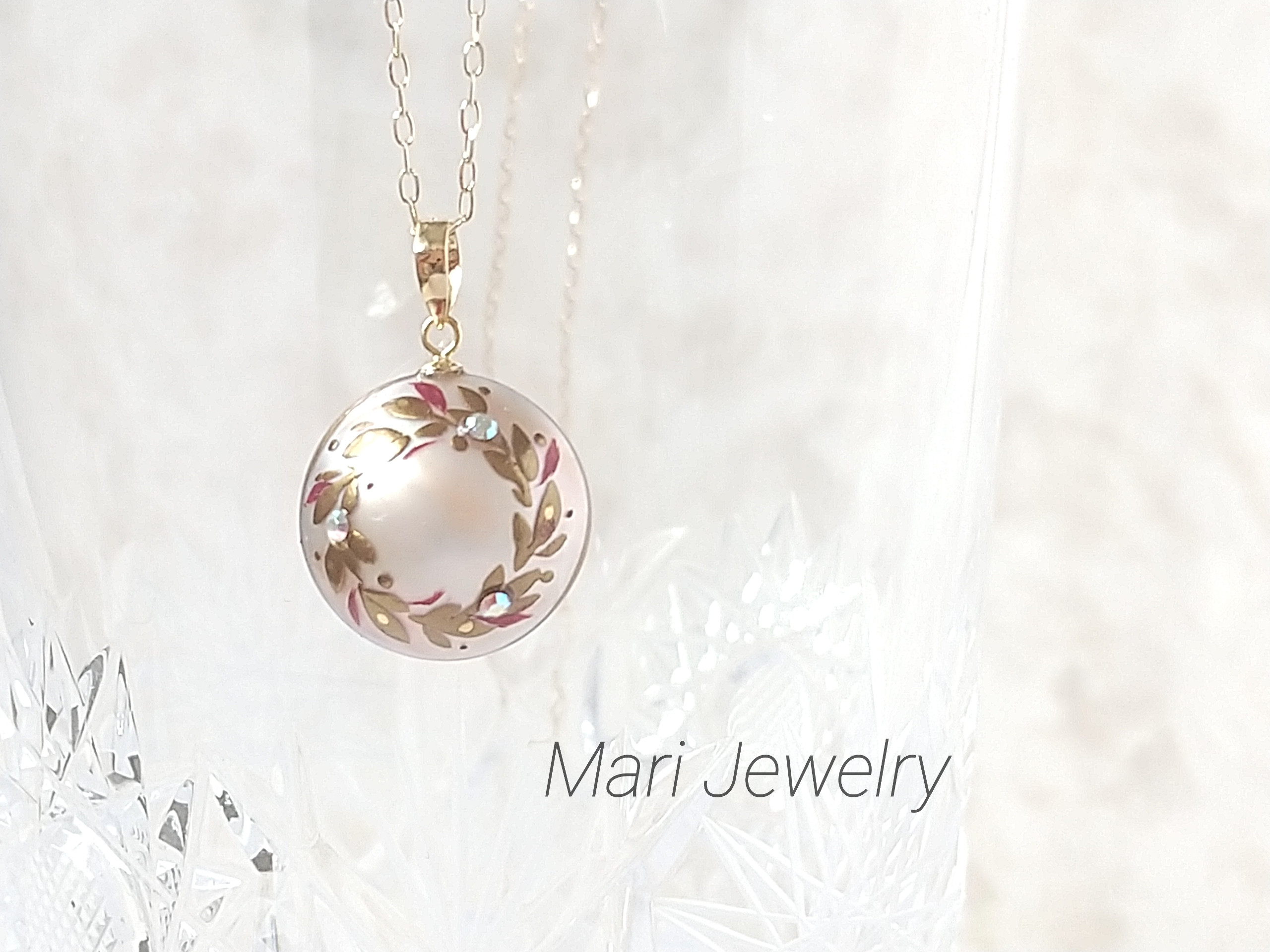 蒔絵マベパールネックレス/木の葉のリース/maki-e pearl necklace /leaf wreath