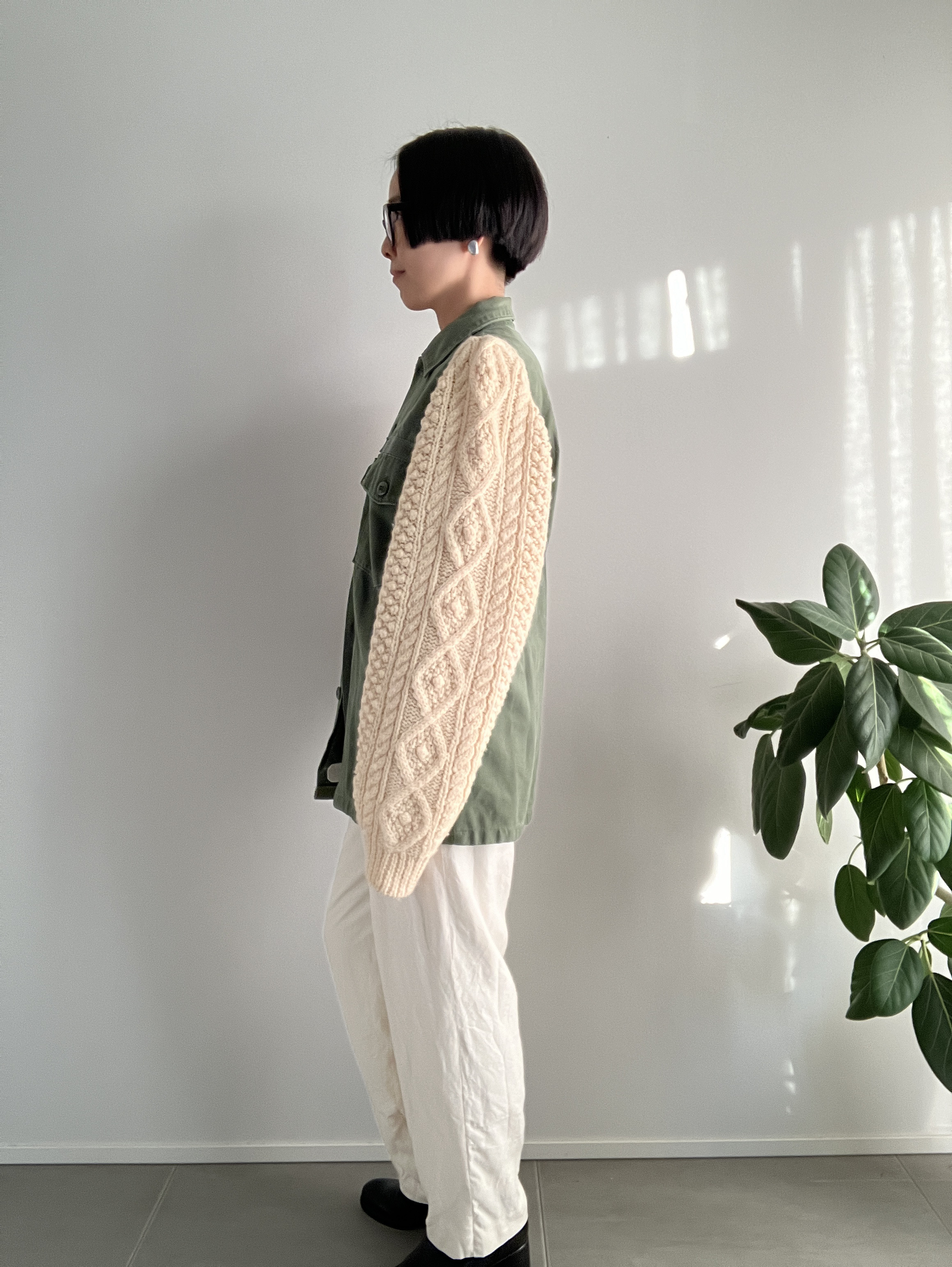 Aran sweater sleeve military shirtjacket