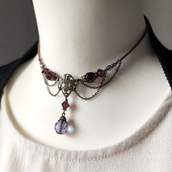 紫ビーズのレースデザインチョーカーネックレス 5枚目の画像