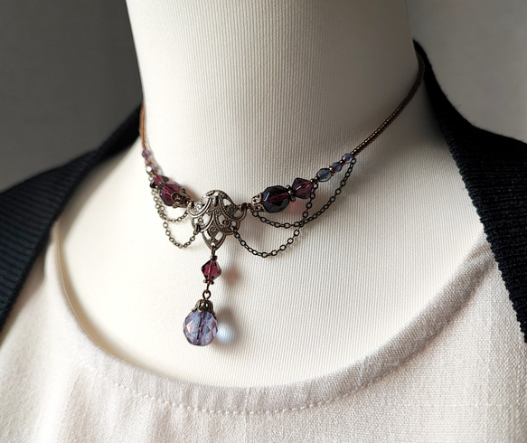 紫ビーズのレースデザインチョーカーネックレス 5枚目の画像