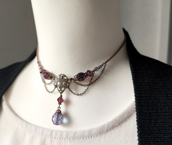 紫ビーズのレースデザインチョーカーネックレス 9枚目の画像