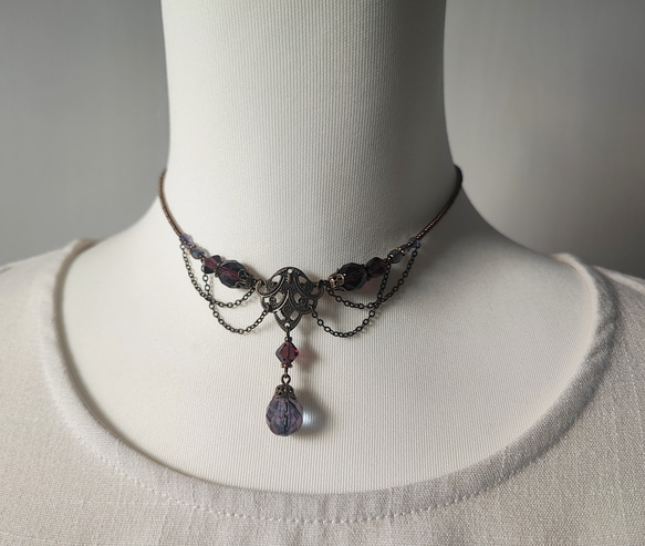 紫ビーズのレースデザインチョーカーネックレス 12枚目の画像