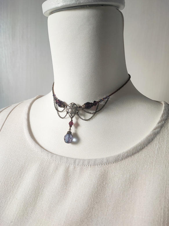 紫ビーズのレースデザインチョーカーネックレス 11枚目の画像