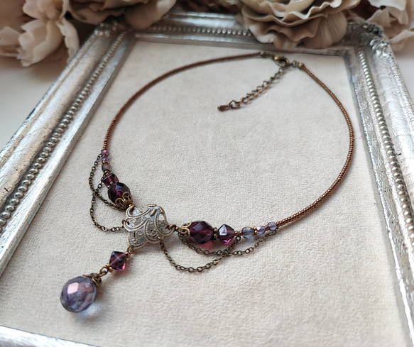 紫ビーズのレースデザインチョーカーネックレス 8枚目の画像