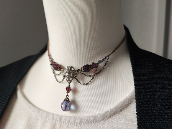 紫ビーズのレースデザインチョーカーネックレス 10枚目の画像