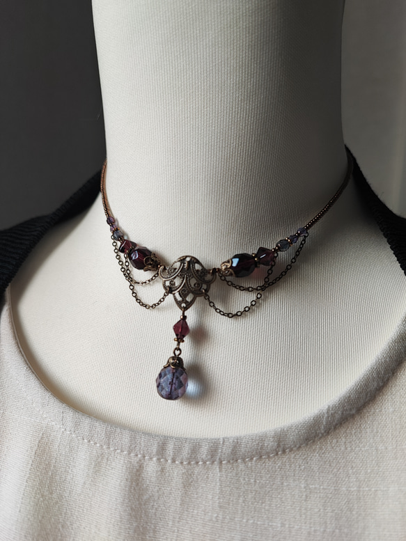 紫ビーズのレースデザインチョーカーネックレス 6枚目の画像