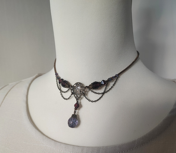 紫ビーズのレースデザインチョーカーネックレス 7枚目の画像