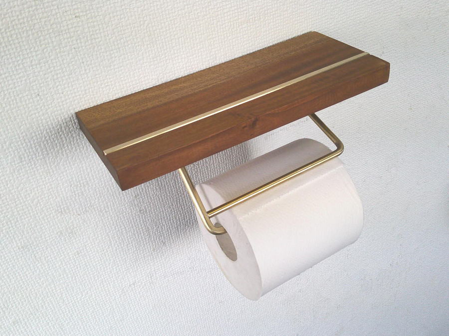 E【一点物】チークの棚板付真鍮製トイレットペーパーホルダー・ブラス・清音仕様・シングル・シェルフ付き