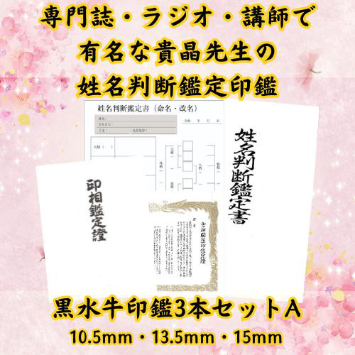 【貴晶式 姓名判断鑑定印鑑 黒水牛 3本セット A】 10.5mm 13.5mm 15ｍｍ