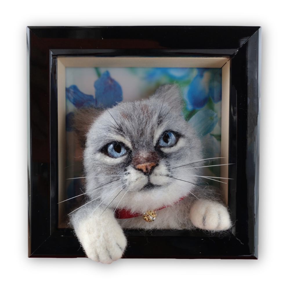 羊毛フェルト猫｜額縁から飛び出す立体フレーム作品｜一点ものハンドメイド猫インテリア（送料無料）