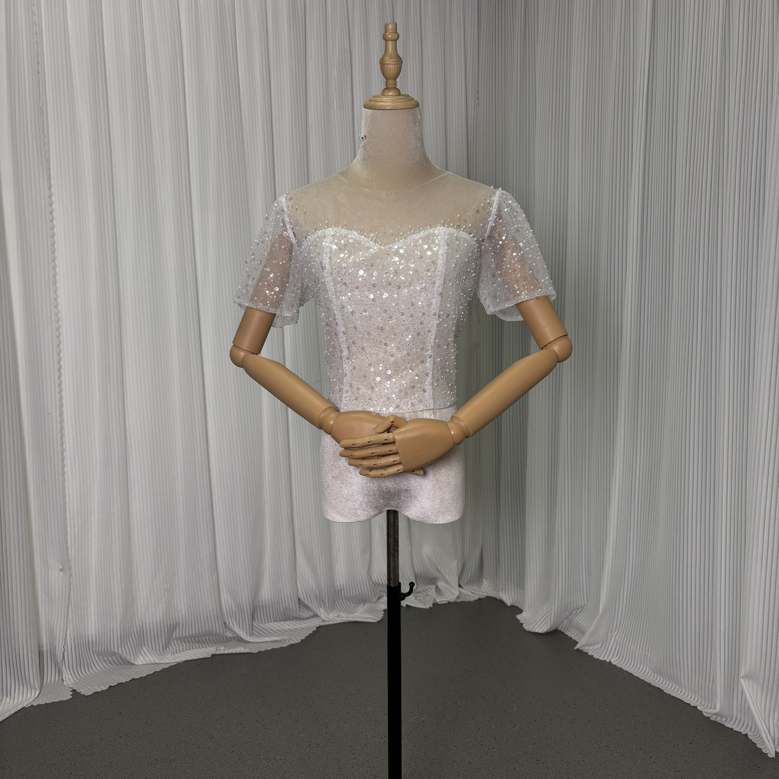 送料無料！ボレロ インポートビジューレース 半袖 くるみボタン 花嫁/ウェディングドレス