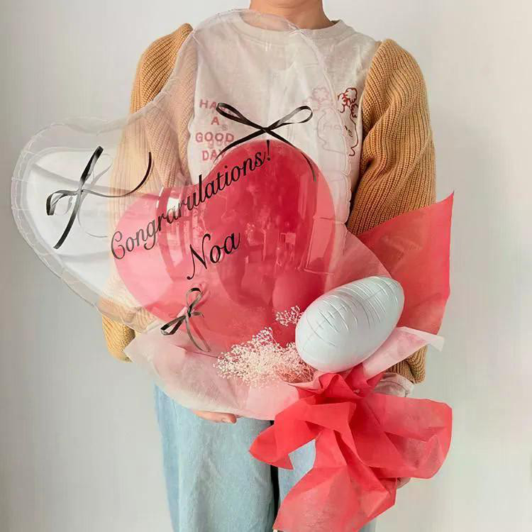 卒業バルーン◆ブーケ型◆RED ハート＆リボン クリアバルーン ブーケ H60cm★長持ちバルーンブーケ◆名入れ