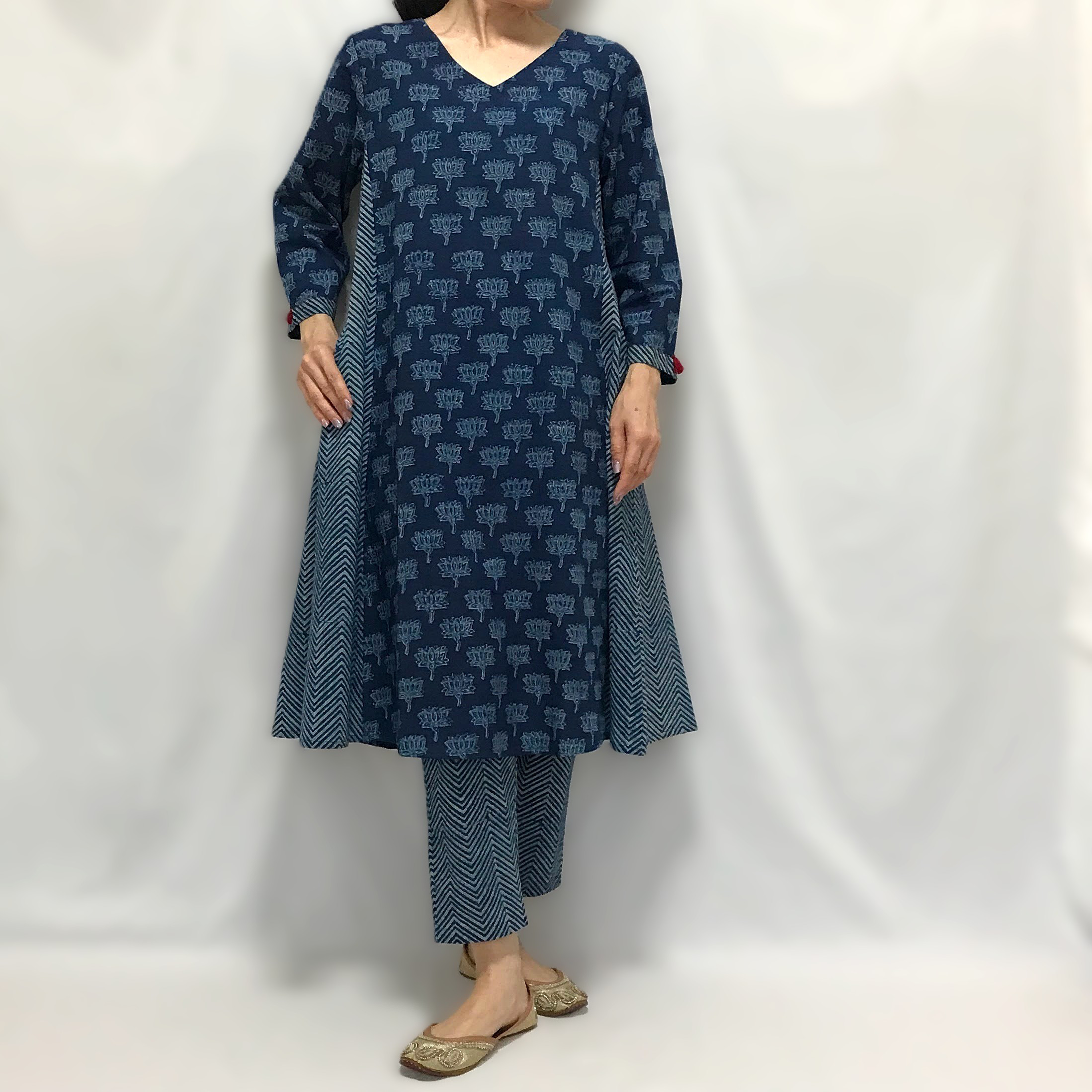 インディゴAライン切り替えクルタ　M/L/XLサイズ