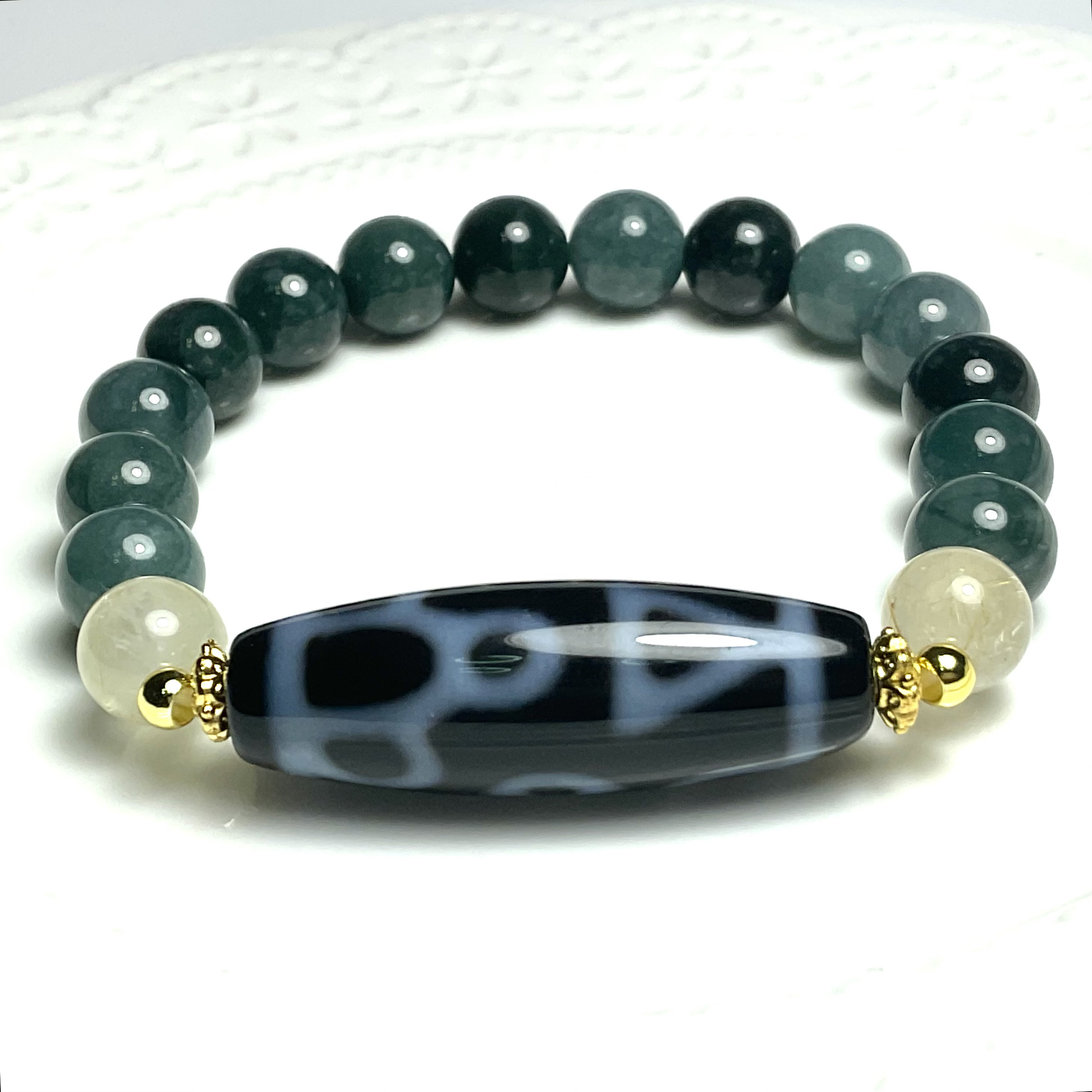 至純天珠・双喜佛天珠とルチルクォーツとグアマテラ産のブルージェダイト・青翡翠のブレスレット✨✨