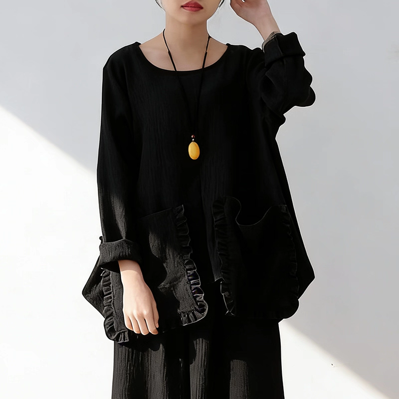 便利で大人可愛いフリルBIGポケット付き♪ノーカラーブラウス