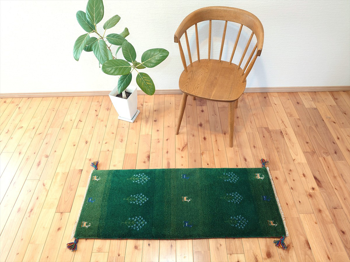 ペルシャ　ギャッベ ミニランナー　ラグ　118x45cm  緑色　生命の木　水色の花　RJ16281