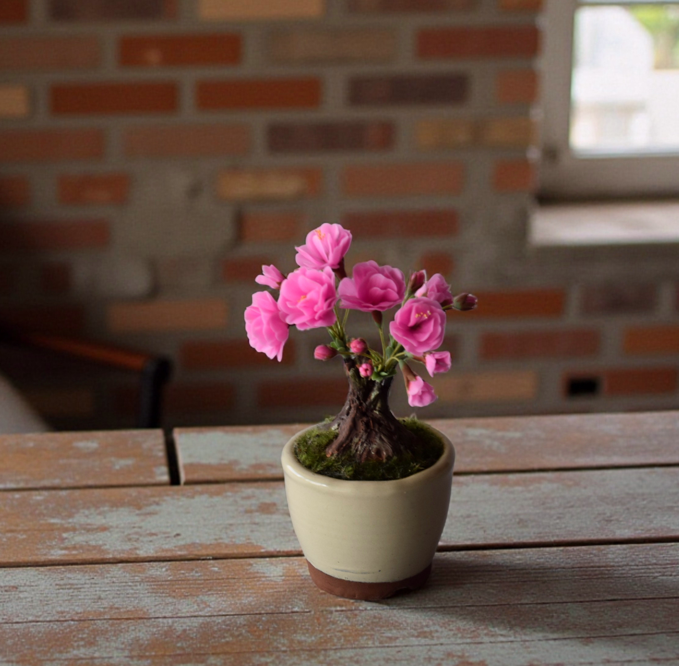 ◆粘土のお花◆　枯れない八重桜の木♪　桜盆栽　S1403