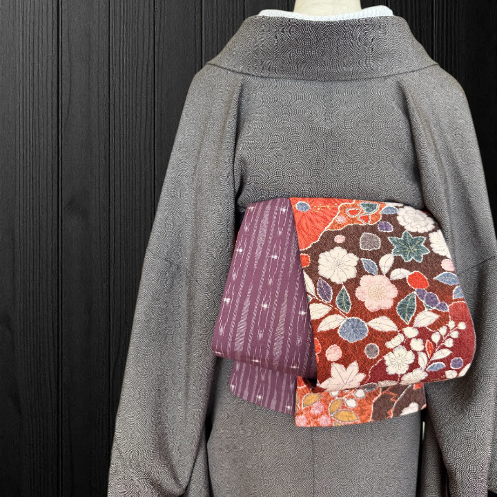 *着物反物*　辻ヶ花と灰紫紬　大人の兵児帯　半幅帯　長尺460cm