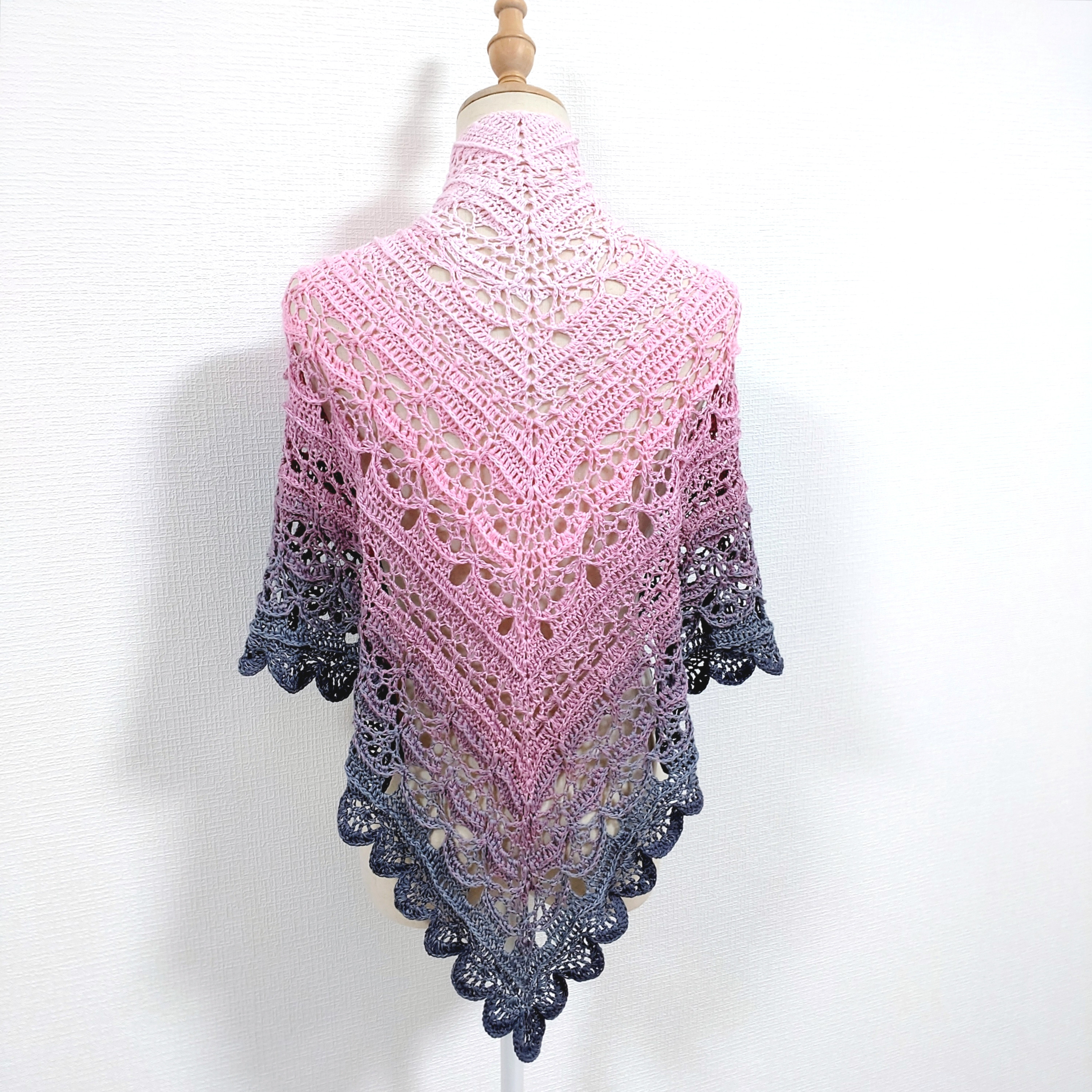 三角ショール　ショール　ストール　バレエショール　オールシーズン　海外輸入糸　コットン100%【ピンク＆グレー】