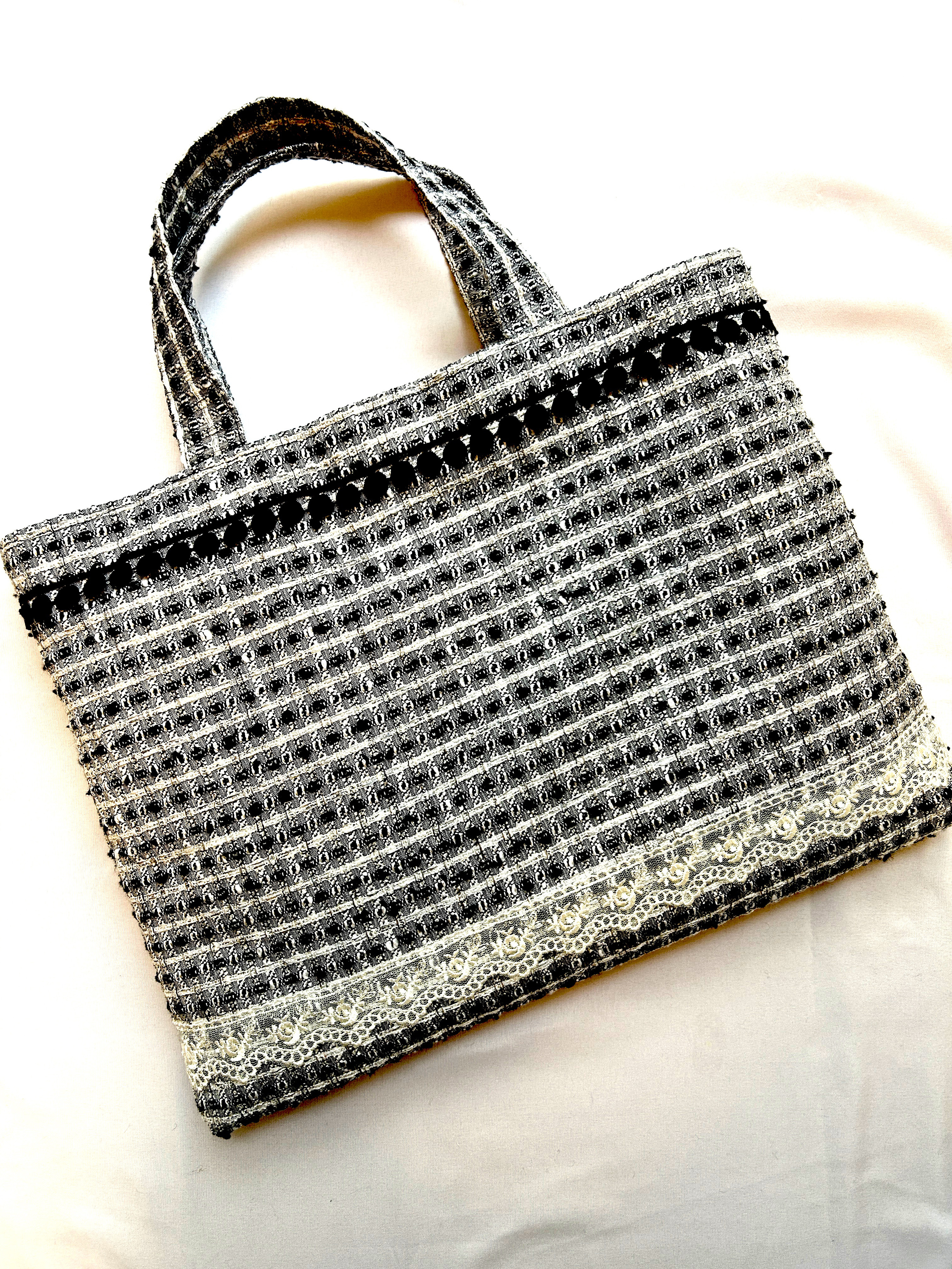 「レビュー0スタート記念」黒白ツイードトートバッグ　大人上品 ママバッグ 入学式　卒業式　フォーマル サブバッグ