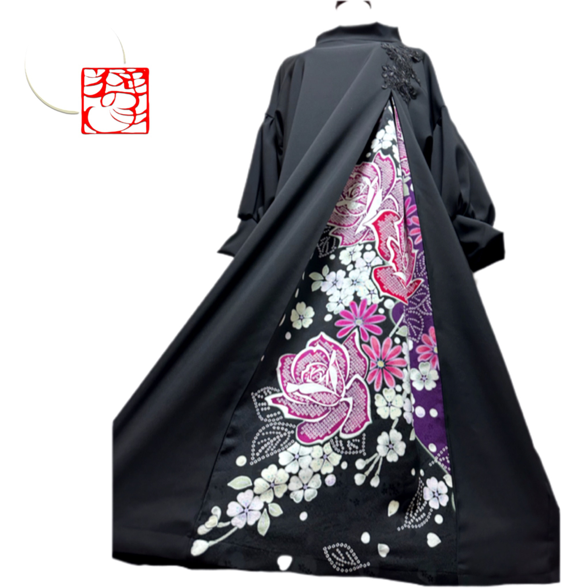 振袖　着物リメイク　ドレス　和柄　ワンピース　黒×薔薇や桜草や菊　ぽわん袖　モックネック　丈115 M〜XL