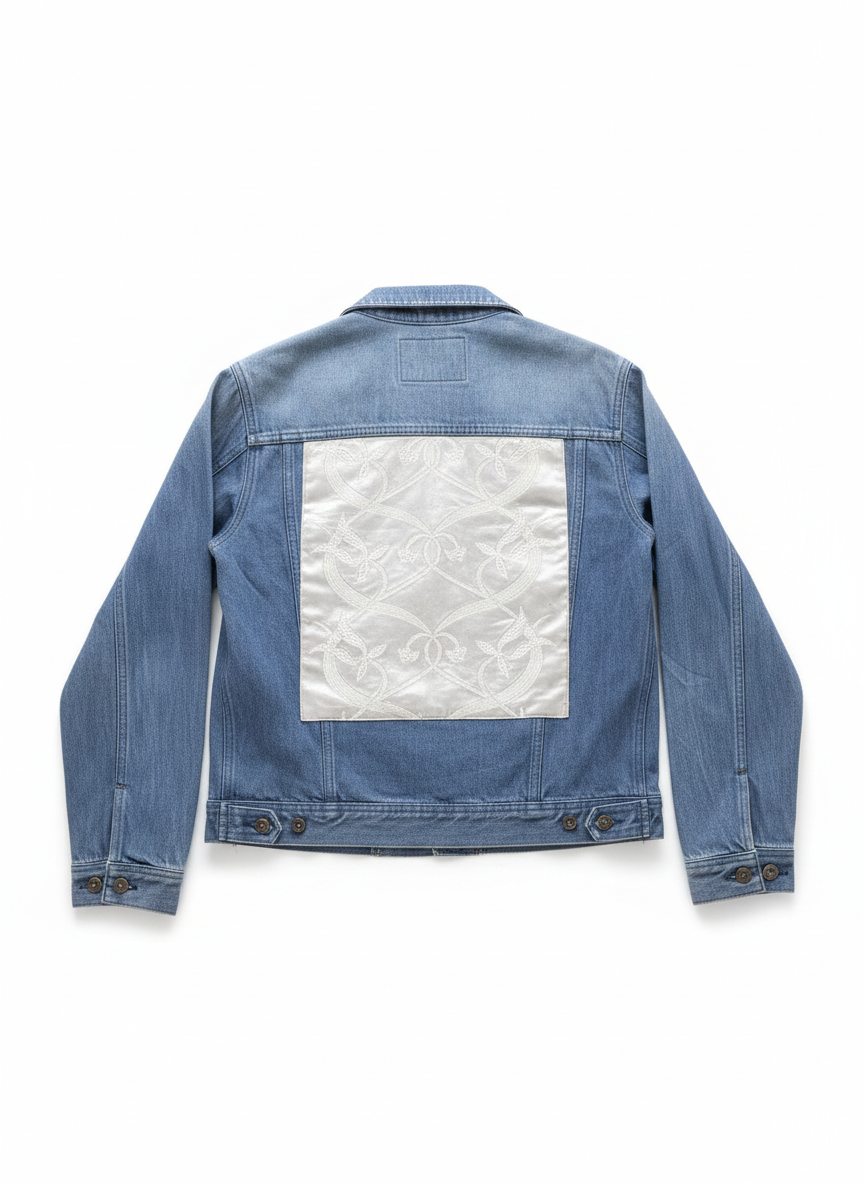 【古着リメイク】帯リメイク オーバーサイズデニムジャケット　唐草模様
