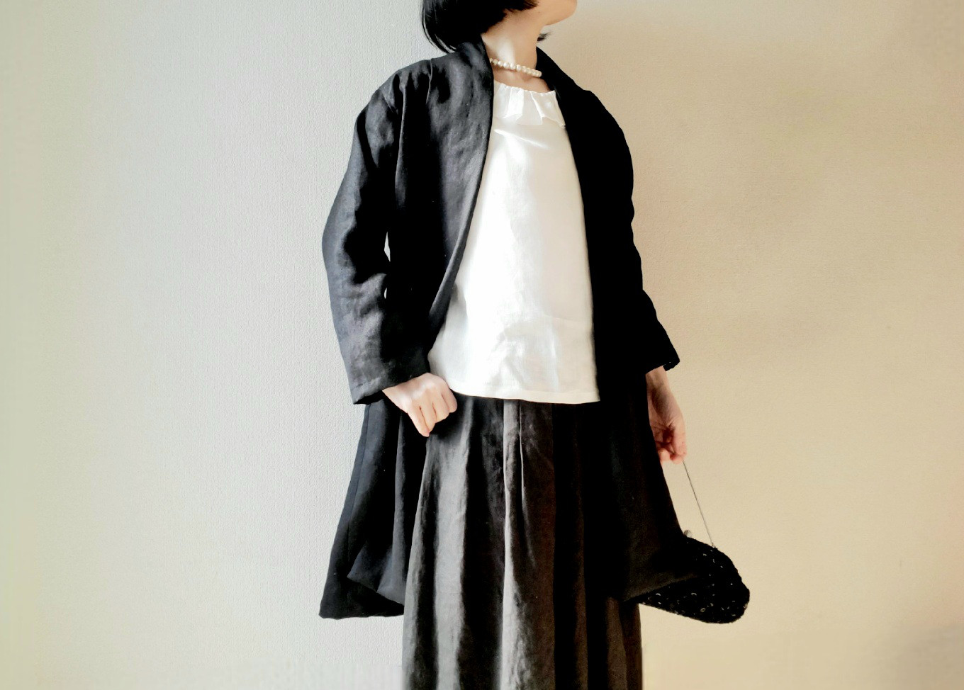 【新作】洗える！タキシードカラーのさまになるコート♡linen100%　綾織　ポケット選べます