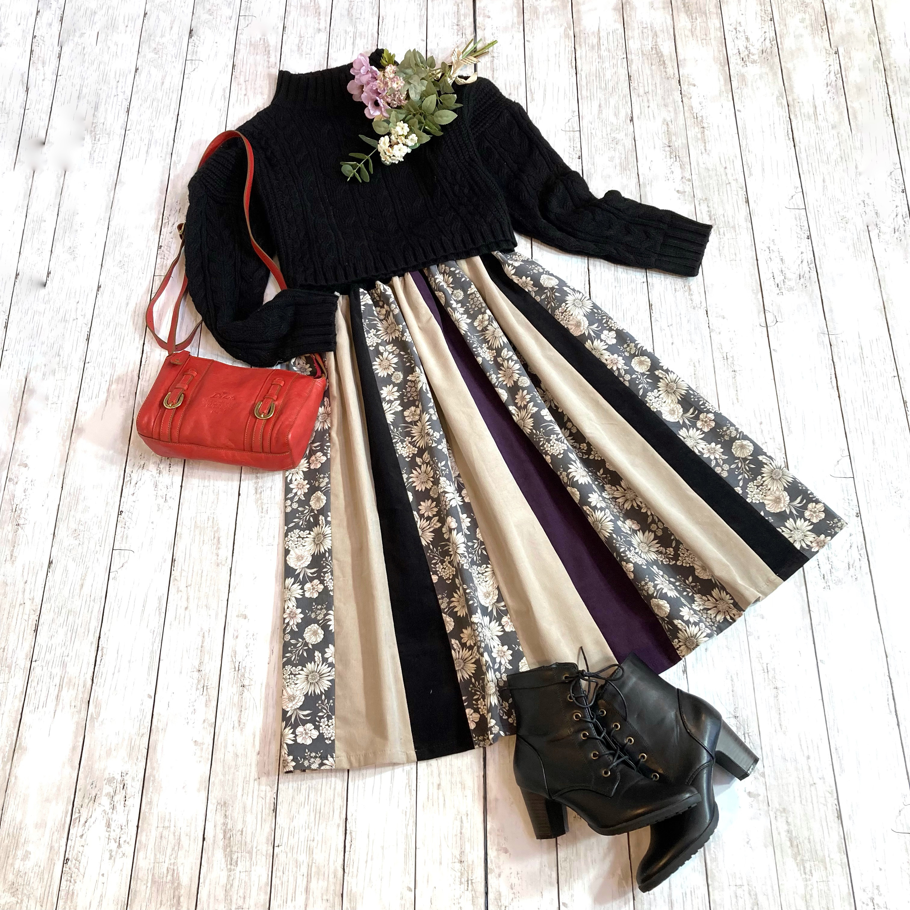 受注製作♡コーデュロイ＊フラワー＆カラーズのはぎ合わせスカートby彩苺[Ｍ2604]