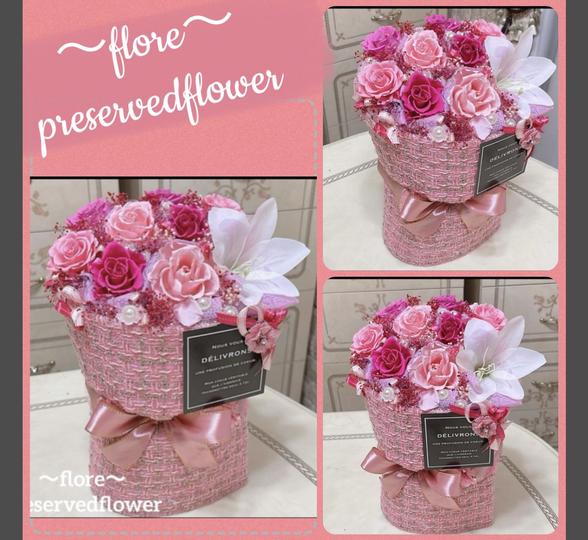 【送料無料、ラッピング込み】✨花束ボックス✨ミックスバラプリザ＆アーティフィシャルアレンジメント✨ピンク系✨