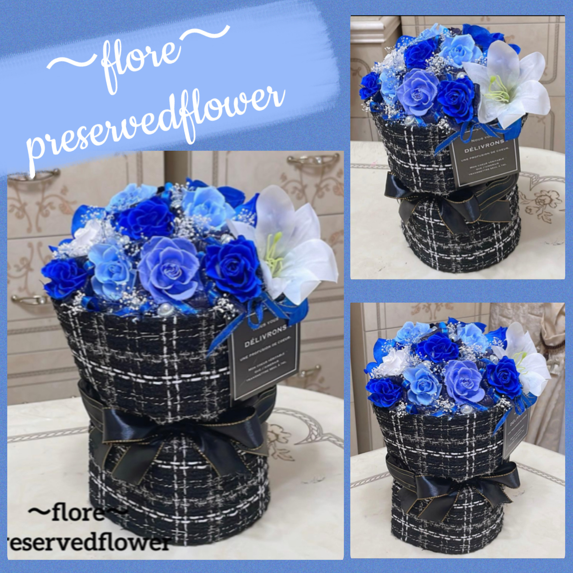 【送料無料、ラッピング込み】✨花束ボックス✨ミックスバラプリザ＆アーティフィシャルアレンジメント✨青水色系✨