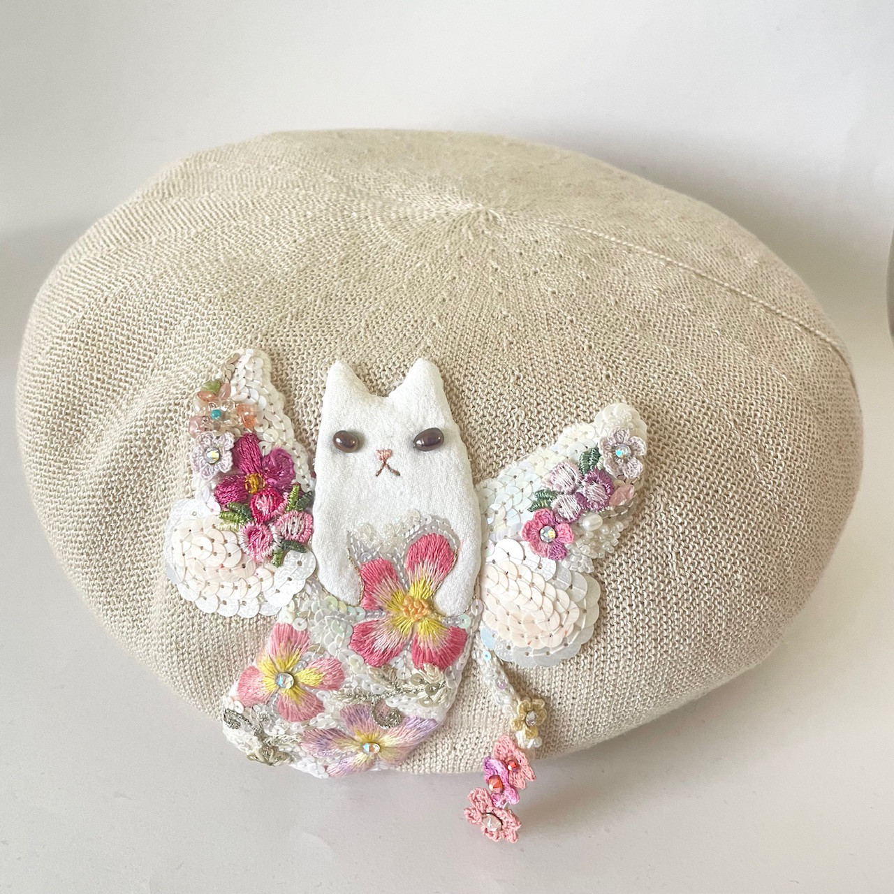 angel cat 麻混ベレー　(アイボリー)