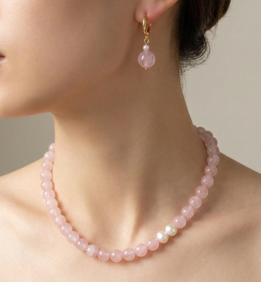 30%お得！ローズクォーツネックレス&ピアス二点セット ｜K18ゴールド + シルバー925｜天然石×淡水パール