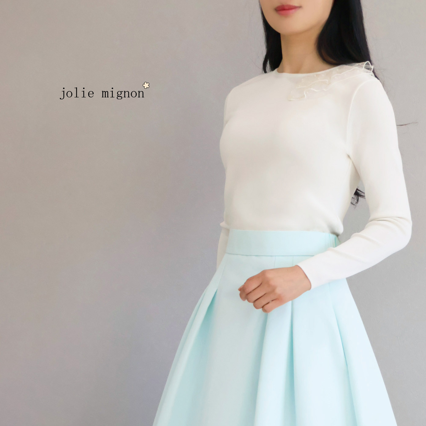 【レイヤードコーデにも◎】オーナメントチュールフリル ストレッチプルオーバー【オフホワイト】