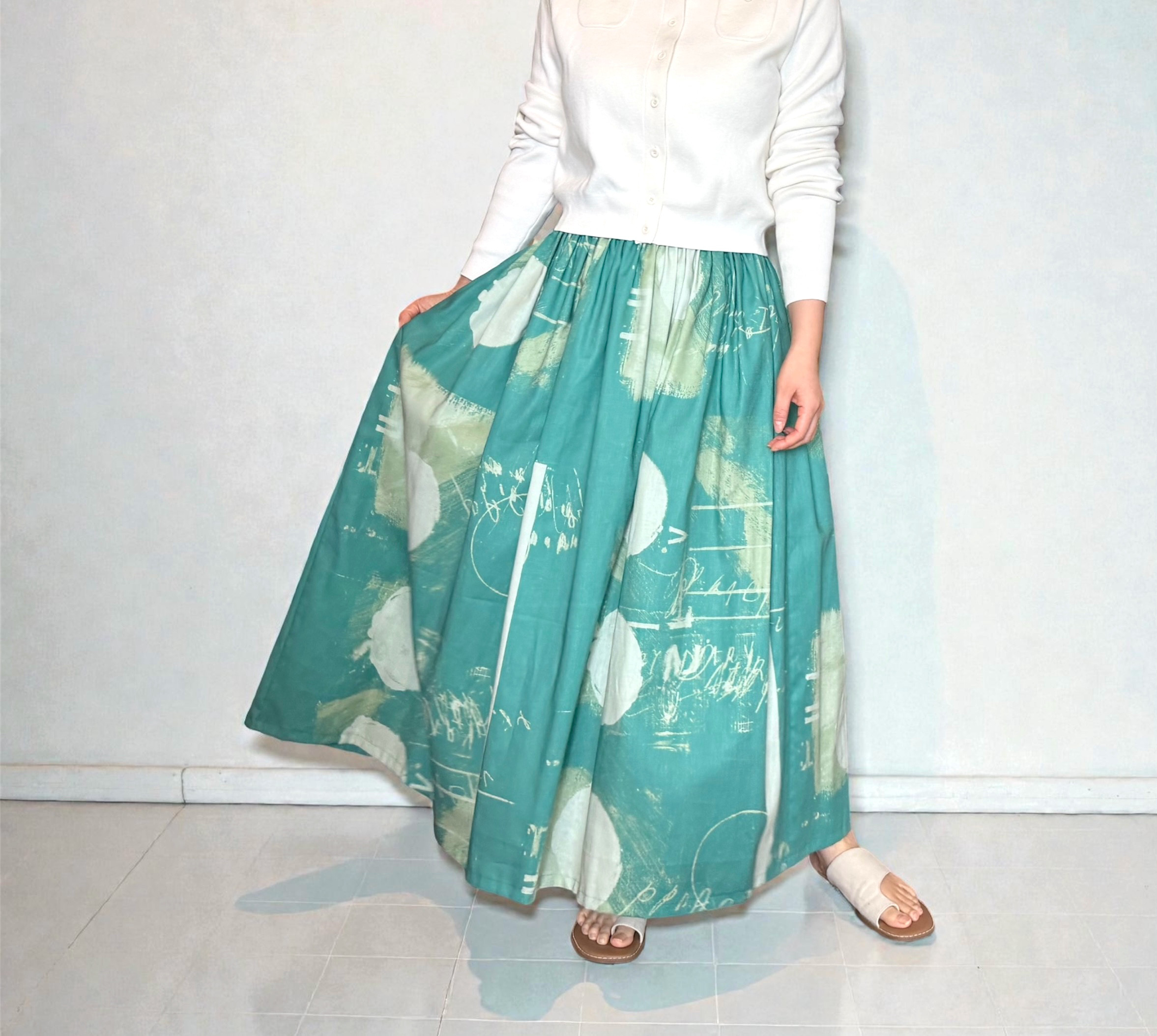 新作♪個性光る♪デザイナーズファブリックのギャザースカート　エメラルドアート