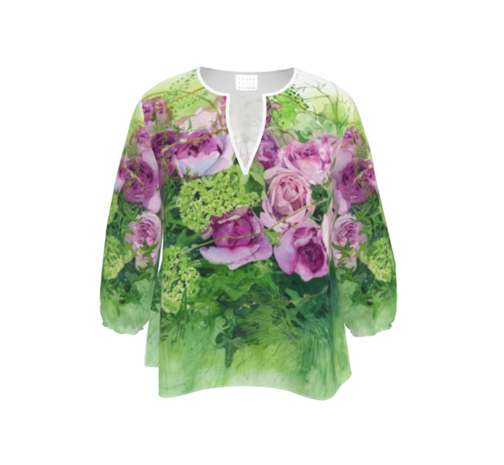 XXS～７XL　Roses Roses Roses のプリント柄の七分袖ゆったりめブラウス【秋春夏】