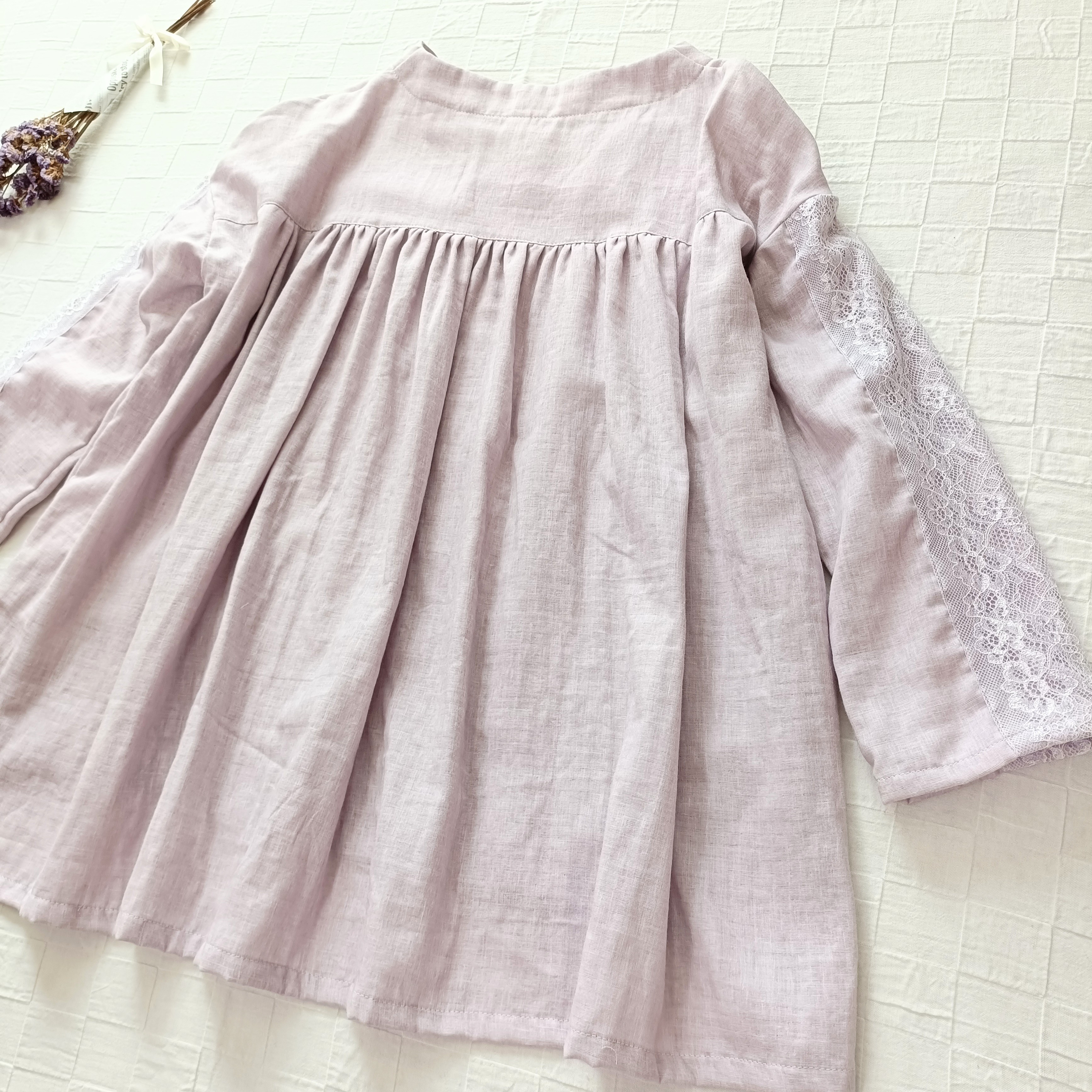 レース袖の春待ちプルオーバー❀　後ろギャザー　ゆるｖネック　桜ピンク　柔らかダブルガーゼ 5,112円